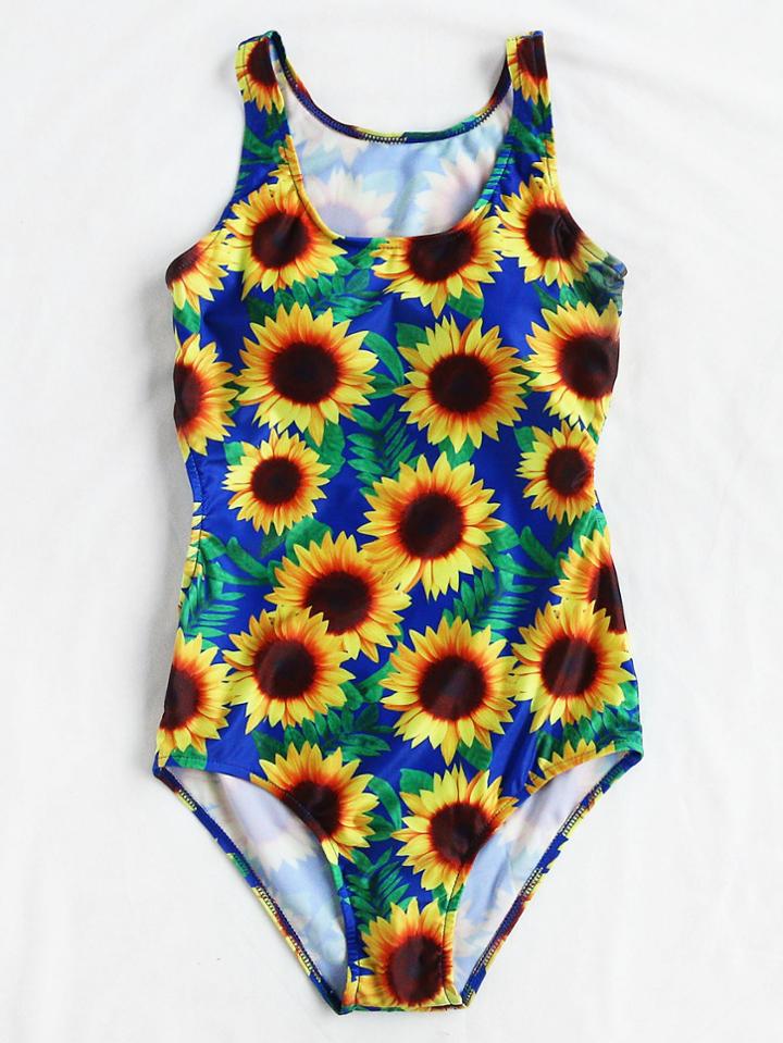 Romwe Sunflower Print Scoop Neck Swimsuit