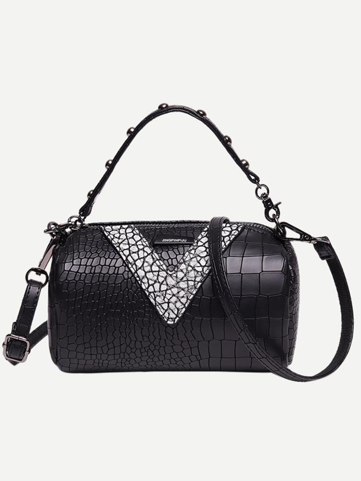 Romwe Black Crocodile Embossed Studded Duffle Bag