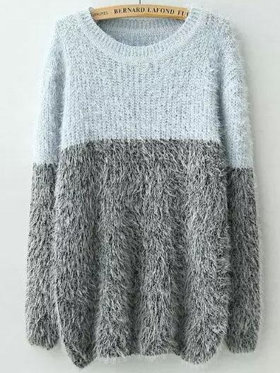 Romwe Blue Grey Round Neck Shaggy Knit Sweater