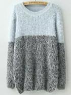 Romwe Blue Grey Round Neck Shaggy Knit Sweater