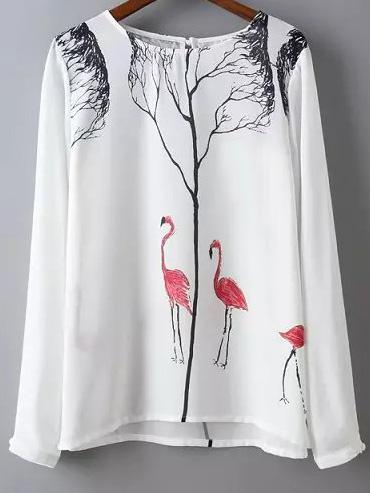 Romwe White Long Sleeve Keyhole Back Birds Print Blouse
