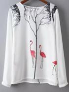 Romwe White Long Sleeve Keyhole Back Birds Print Blouse