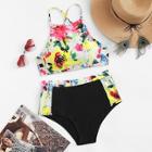 Romwe Criss Cross Floral Top With Bikini Set