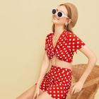 Romwe Polka Dot Twist Front Crop Blouse With Shorts