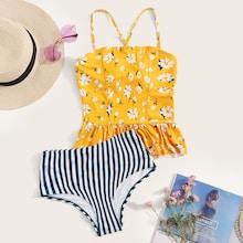 Romwe Floral Ruffle Hem Top With Striped Tankini Set