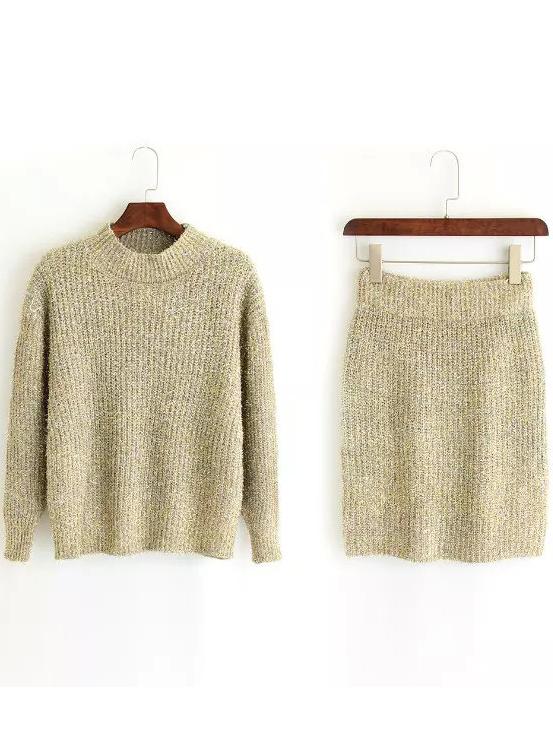 Romwe Round Neck Top With Bodycon Beige Skirt