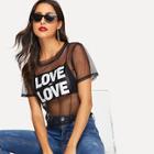 Romwe Mesh Letter Patched Sheer Tee