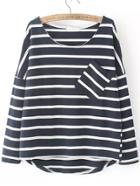 Romwe Black White Round Neck Striped Pocket Dip Hem Blouse