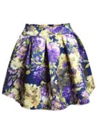Romwe Elastic Waist Florals Pleated Purple Skirt