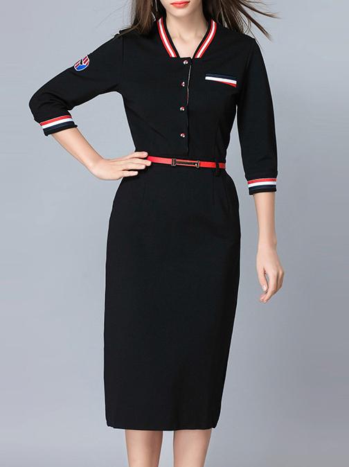 Romwe Black Striped Belted Pockets Sheath Dress