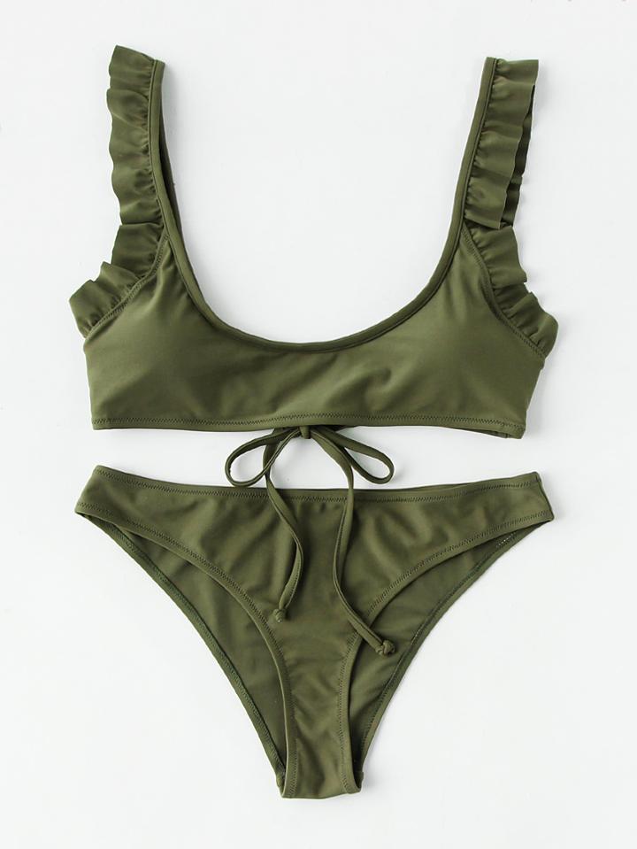 Romwe Frill Trim Tie Back Bikini Set
