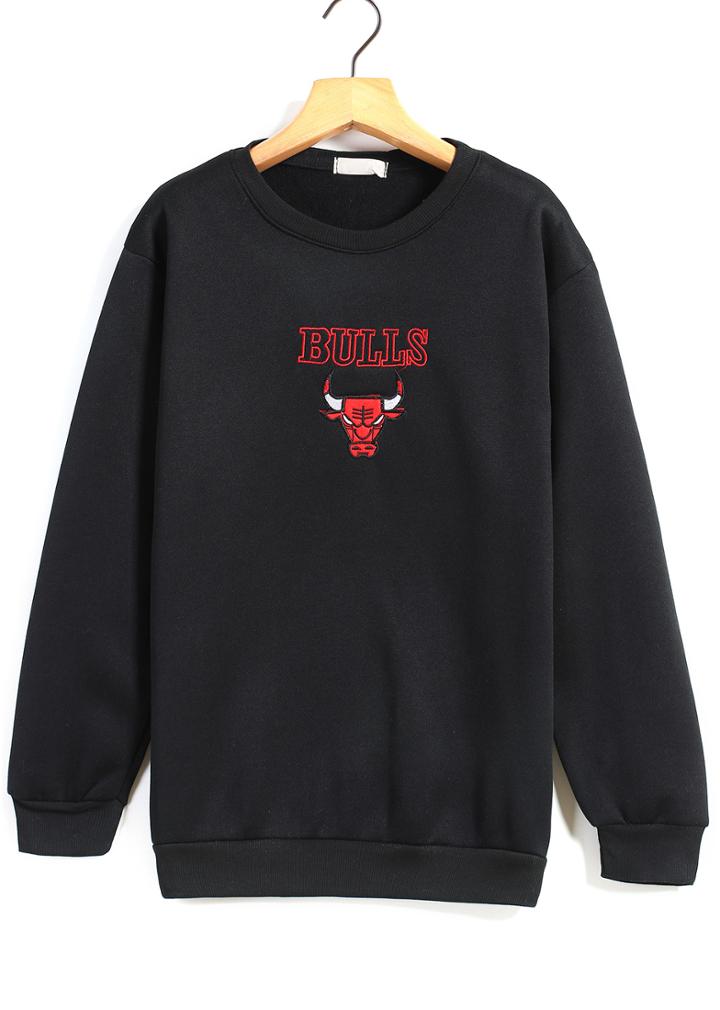 Romwe Bull Embroidered Loose Black Sweatshirt