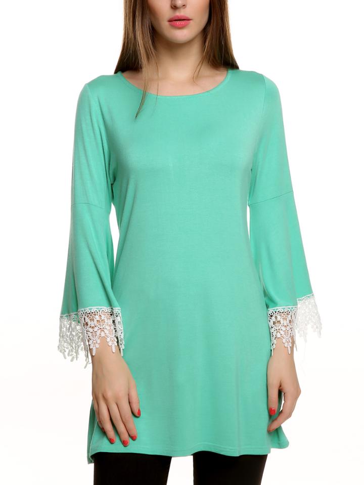 Romwe Bell Sleeve Contrast Lace A-line Pale Blue Dress