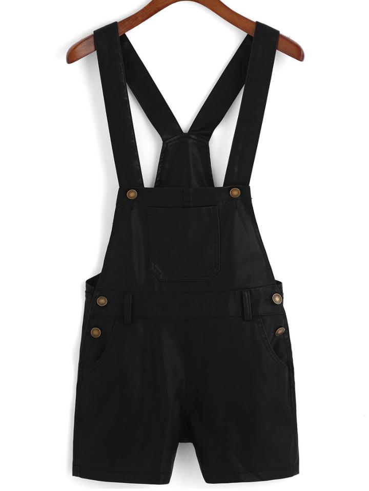 Romwe Strap With Pockets Pu Romper