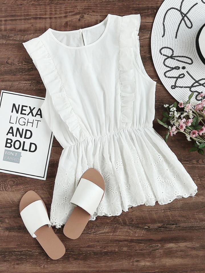 Romwe Ruffle Trim Eyelet Embroidered Peplum Shell Top