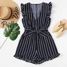 Romwe Frill Trim Striped Romper