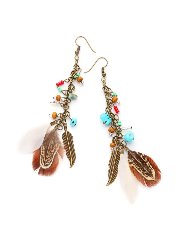 Romwe Feather And Stone Detail Drop Earrings