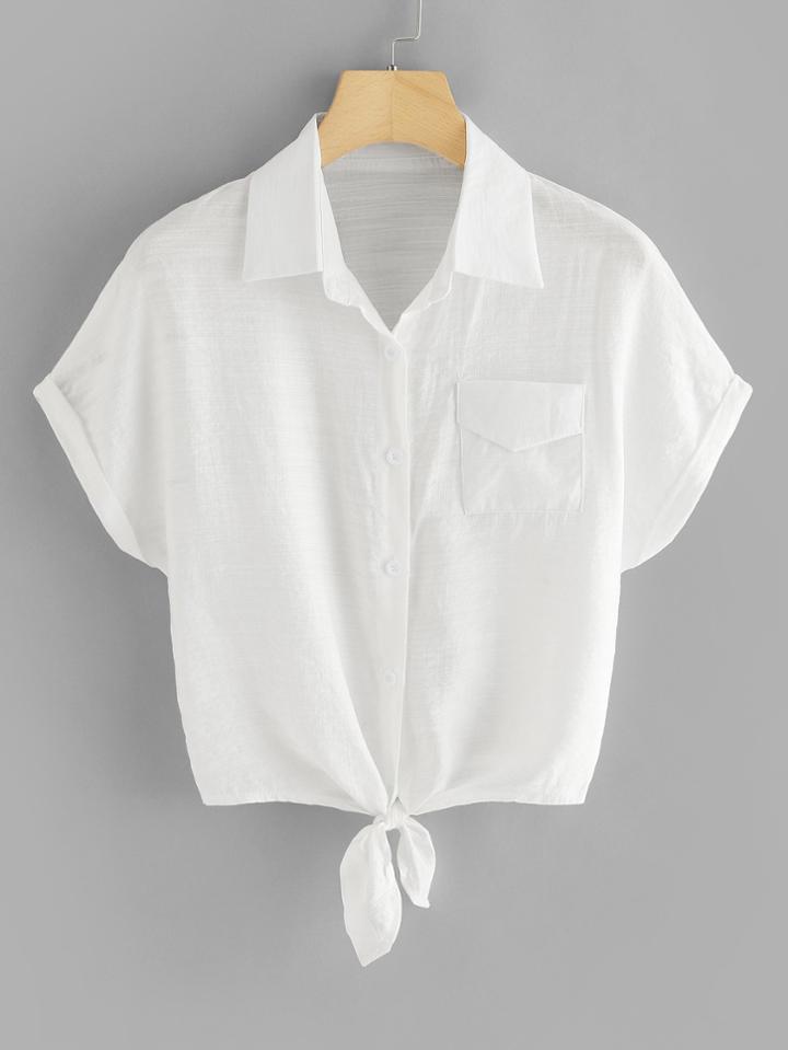 Romwe Chest Pocket Knot Hem Shirt