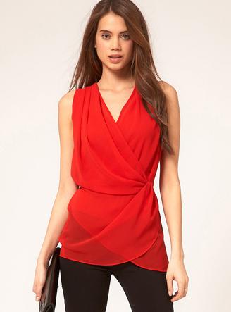 Romwe V Neck Sleeveless Chiffon Red Blouse