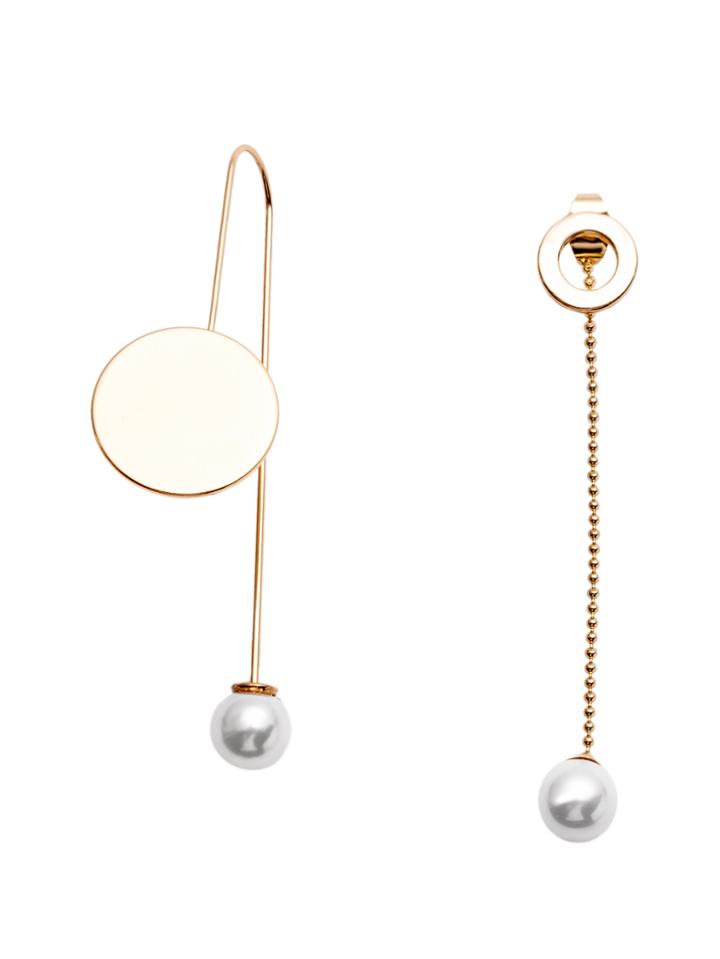 Romwe Gold Plated Faux Pearl Geometric Asymmetrical Earrings
