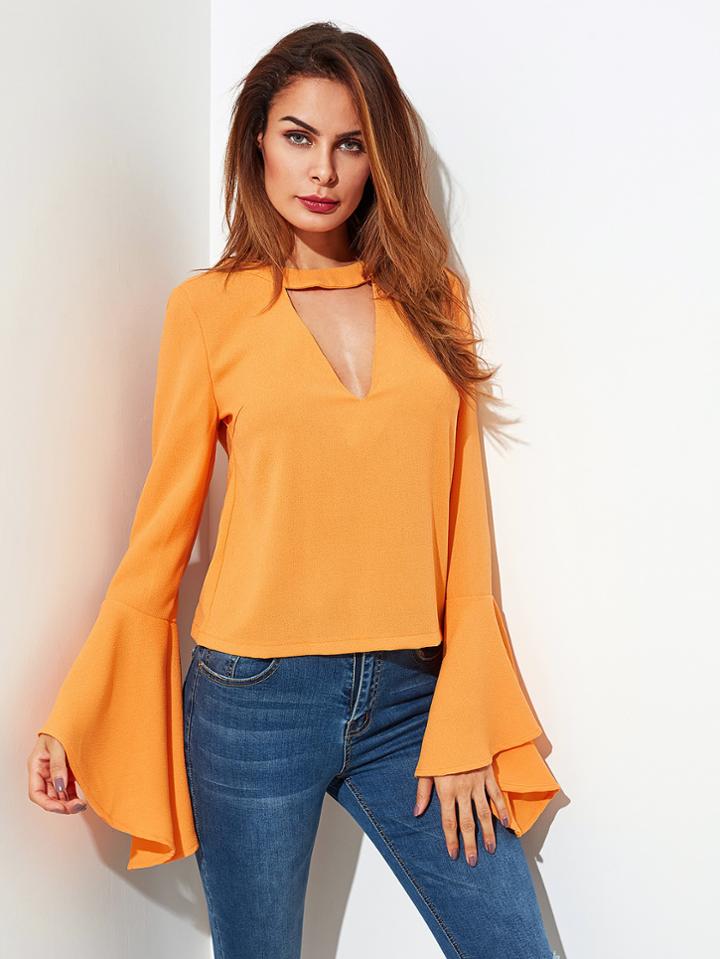Romwe Choker Neck Tie Back Trumpet Sleeve Blouse