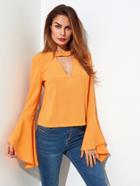 Romwe Choker Neck Tie Back Trumpet Sleeve Blouse