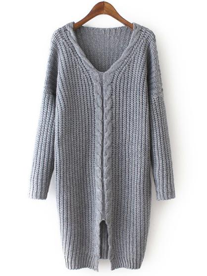 Romwe V Neck Split Loose Sweater Dress