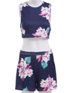 Romwe Sleeveless Backless Top With Florals Shorts