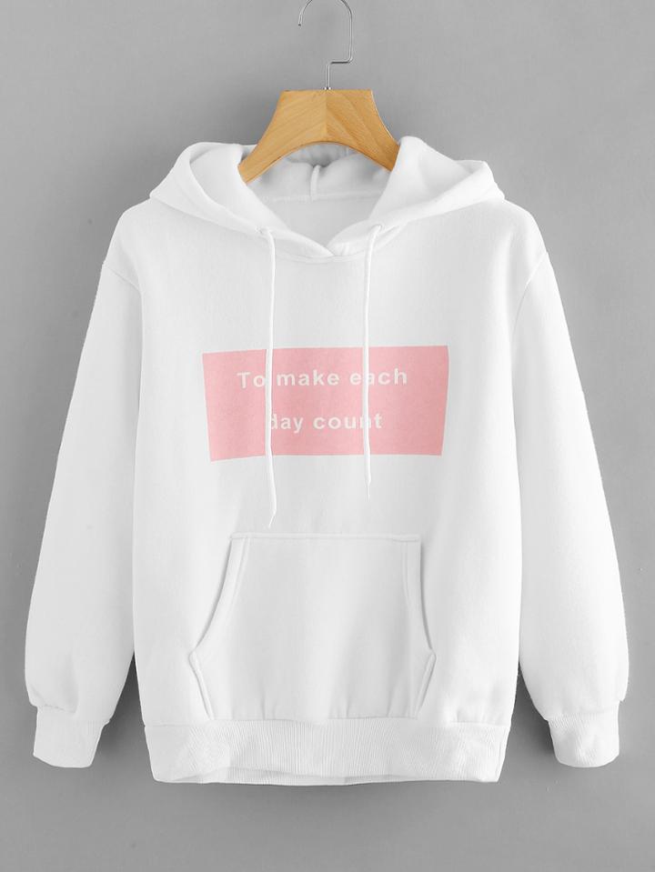 Romwe Slogan Print Kangaroo Pocket Hoodie