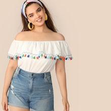 Romwe Plus Tassel Trim Flounce Bardot Top