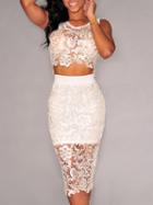 Romwe White Lace Sleeve Crop Top With Midi Skirt