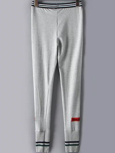 Romwe Elastic Waist Striped Letter Embroidered Grey Leggings