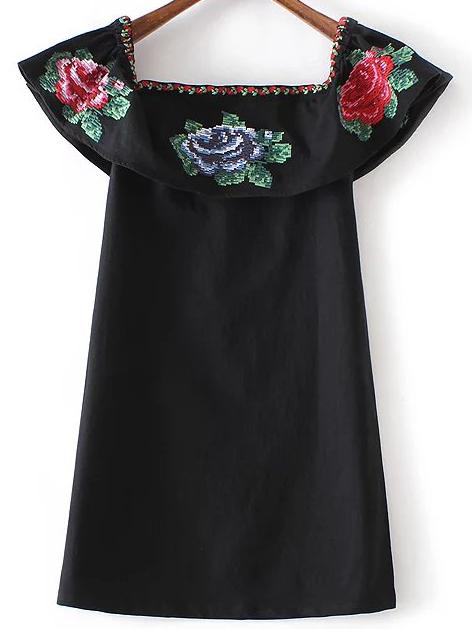 Romwe Black Off The Shoulder Flower Embroidery Dress