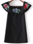 Romwe Black Off The Shoulder Flower Embroidery Dress
