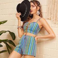 Romwe Lace Up Aztec Crop Top & Shorts Set