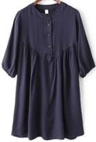 Romwe Half Sleeve With Buttons Loose Navy Dress