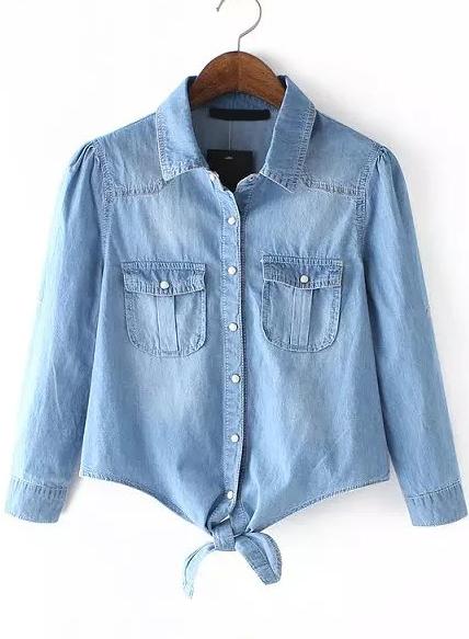 Romwe Lapel With Pockets Knotted Denim Top