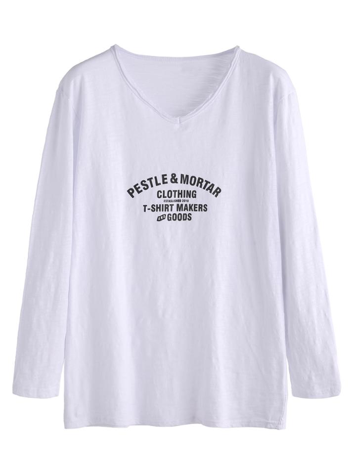 Romwe White V Neck Letters Print Long Sleeve T-shirt
