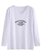 Romwe White V Neck Letters Print Long Sleeve T-shirt