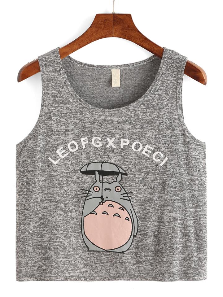 Romwe Cartoon Print Grey Tank Top