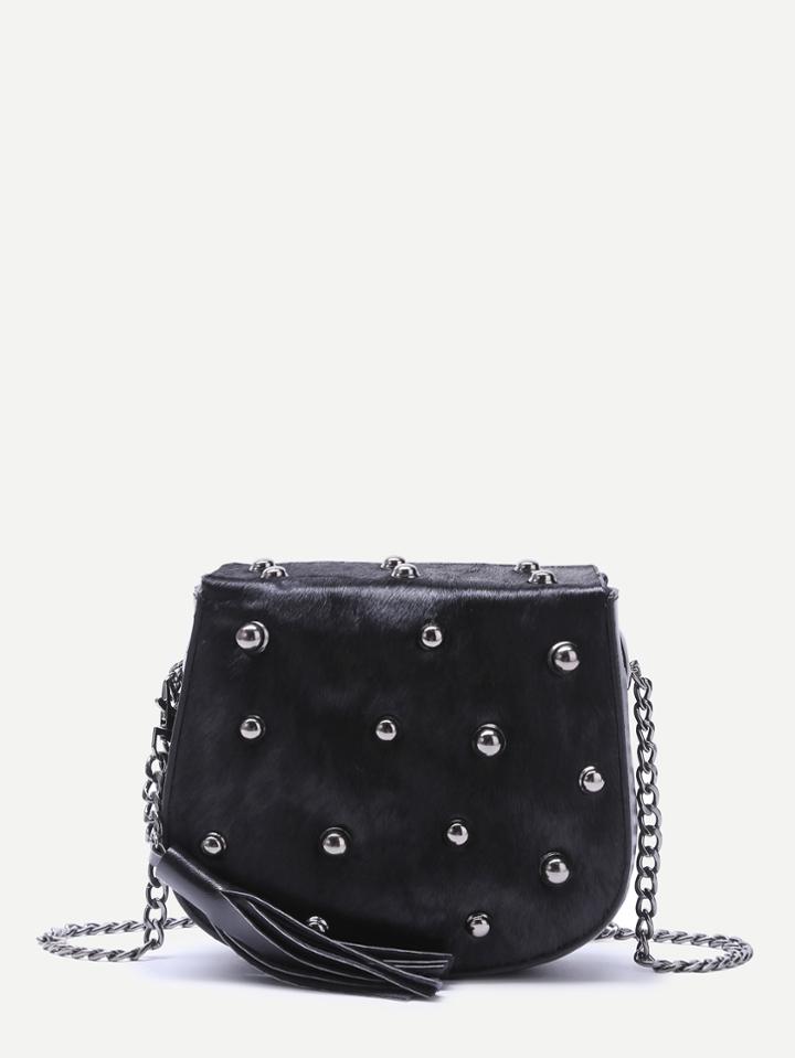 Romwe Black Tassel Trim Studded Horse Hair Crossbody Bag