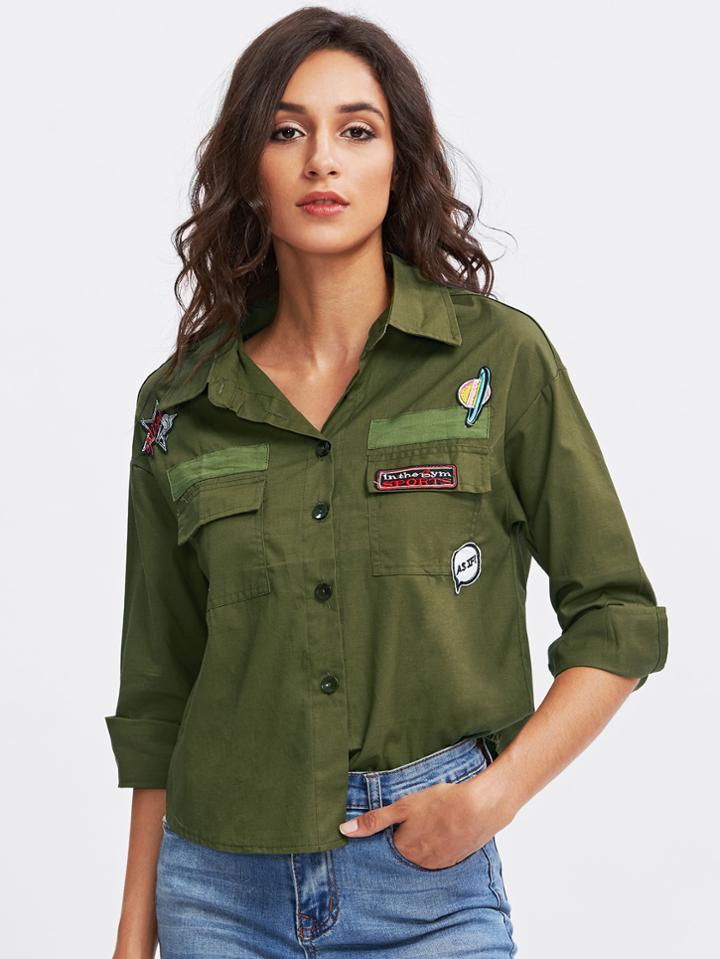 Romwe Embroidered Patch Single Breasted Shirt
