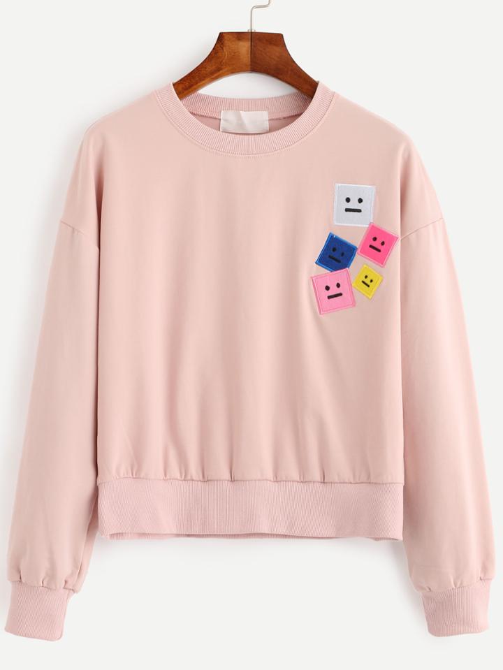 Romwe Pink Drop Shoulder Emoji Patch Crop Sweatshirt