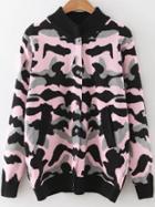 Romwe Pink Camouflage Pattern Button Up Sweater Coat