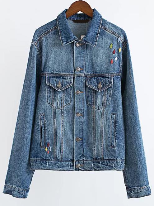 Romwe Blue Graphic Embroidery Denim Jacket