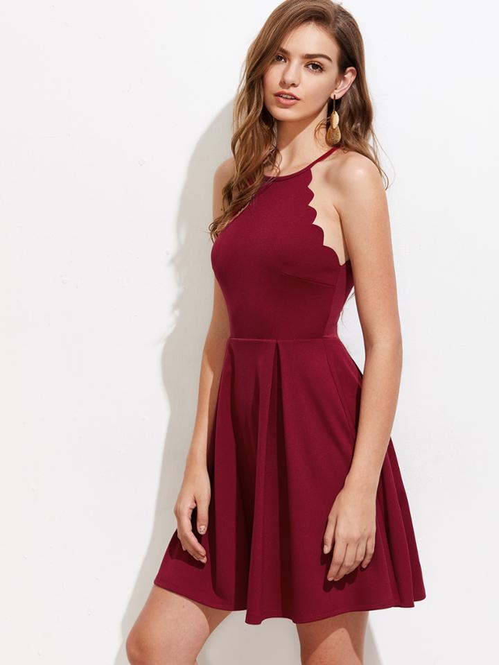 Romwe Scallop Edge Box Pleated Dress