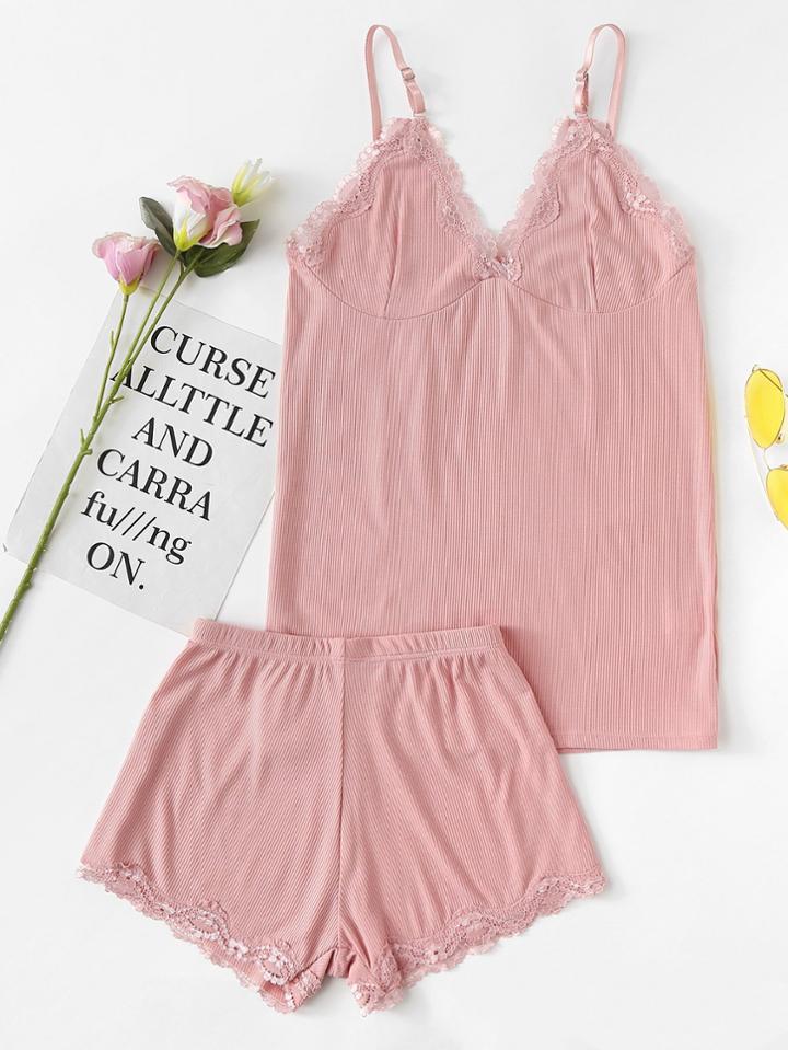 Romwe Lace Trim Ribbed Cami With Shorts