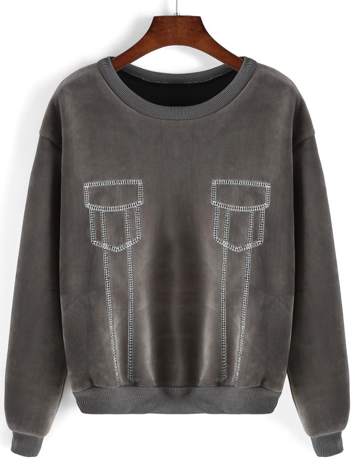 Romwe Round Neck Embroidered Grey Sweatshirt