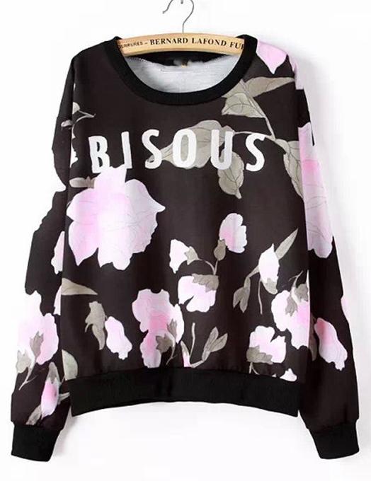 Romwe Floral Blsous Print Loose Sweatshirt