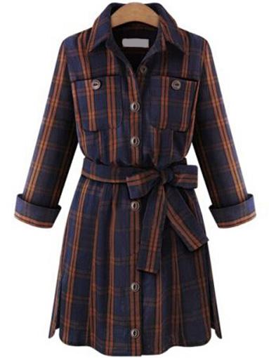 Romwe Women Orange Plaid Belted Shirt Dress